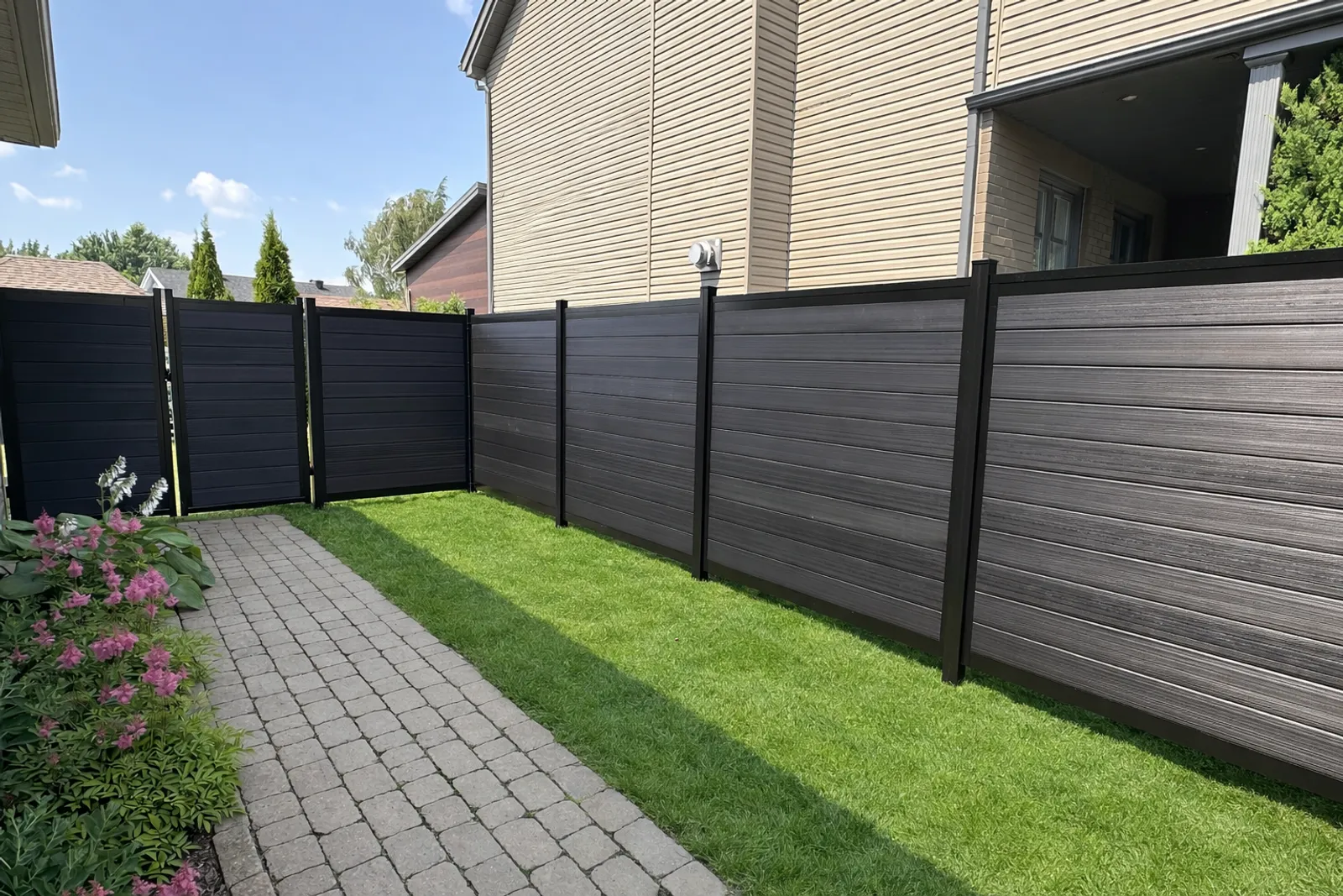 Clôture en composite foncé le long d'une cour latérale avec allée de pavés
