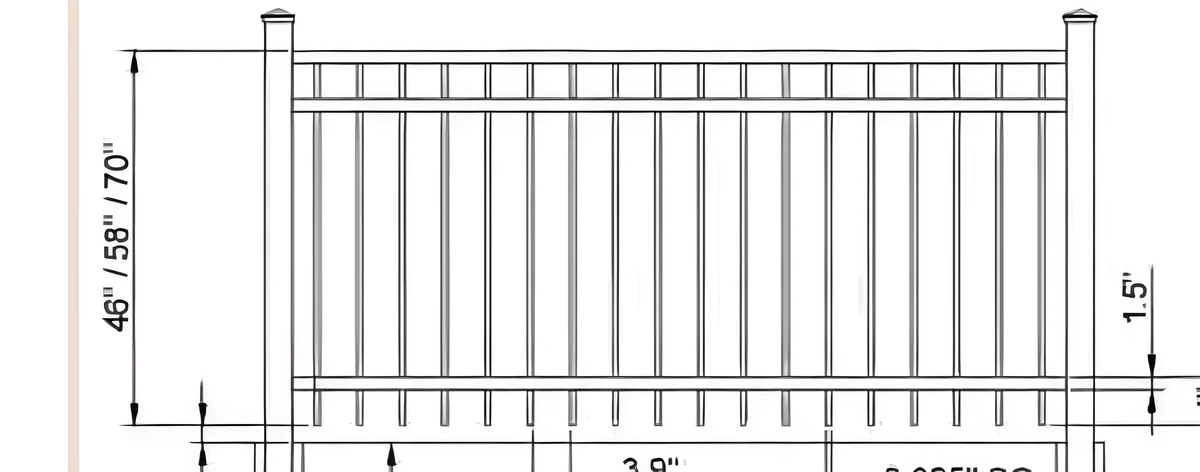 Diagramme technique de la clôture ornementale COBALT-F1 avec rail horizontal continu