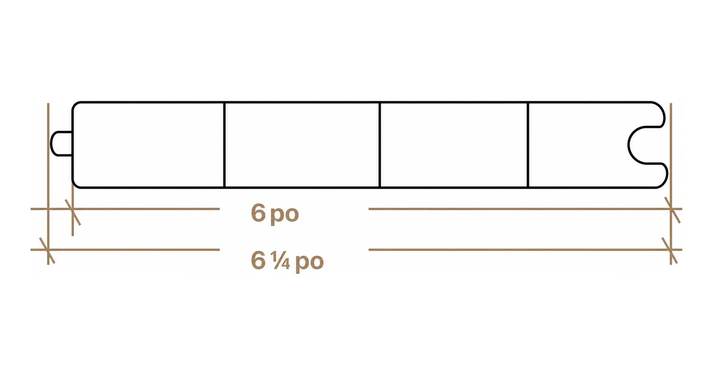 Coupe transversale de la planche de PVC avec 6 pouces de largeur visible et 6 ¼ pouces au total